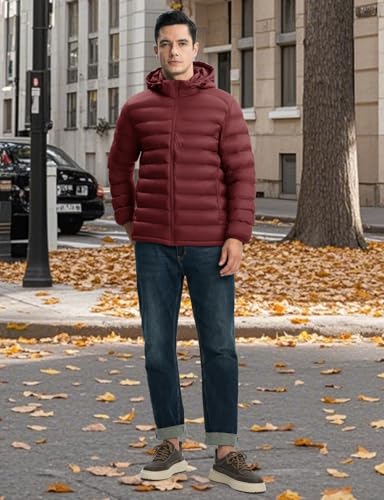 Image of TBMPOY Men's Lightweight Puffer Jackets Detachable Hood Water-Resistant Casual Winter Coat Hooded Insulated for Travel Ski