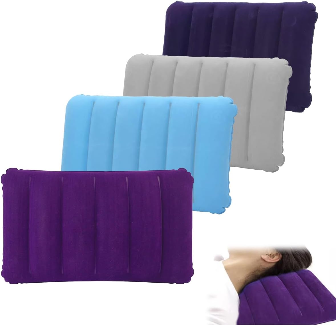 4 Pièces Oreiller Gonflable Floqué, 47 X 30cm, Portable Oreiller de Plage Gonflable Ultra Léger, Ergonomiques Oreillers Gonflables pour ExtéRieur, Bureau, Longs Trajets, Randonnee, Pêche, Camping