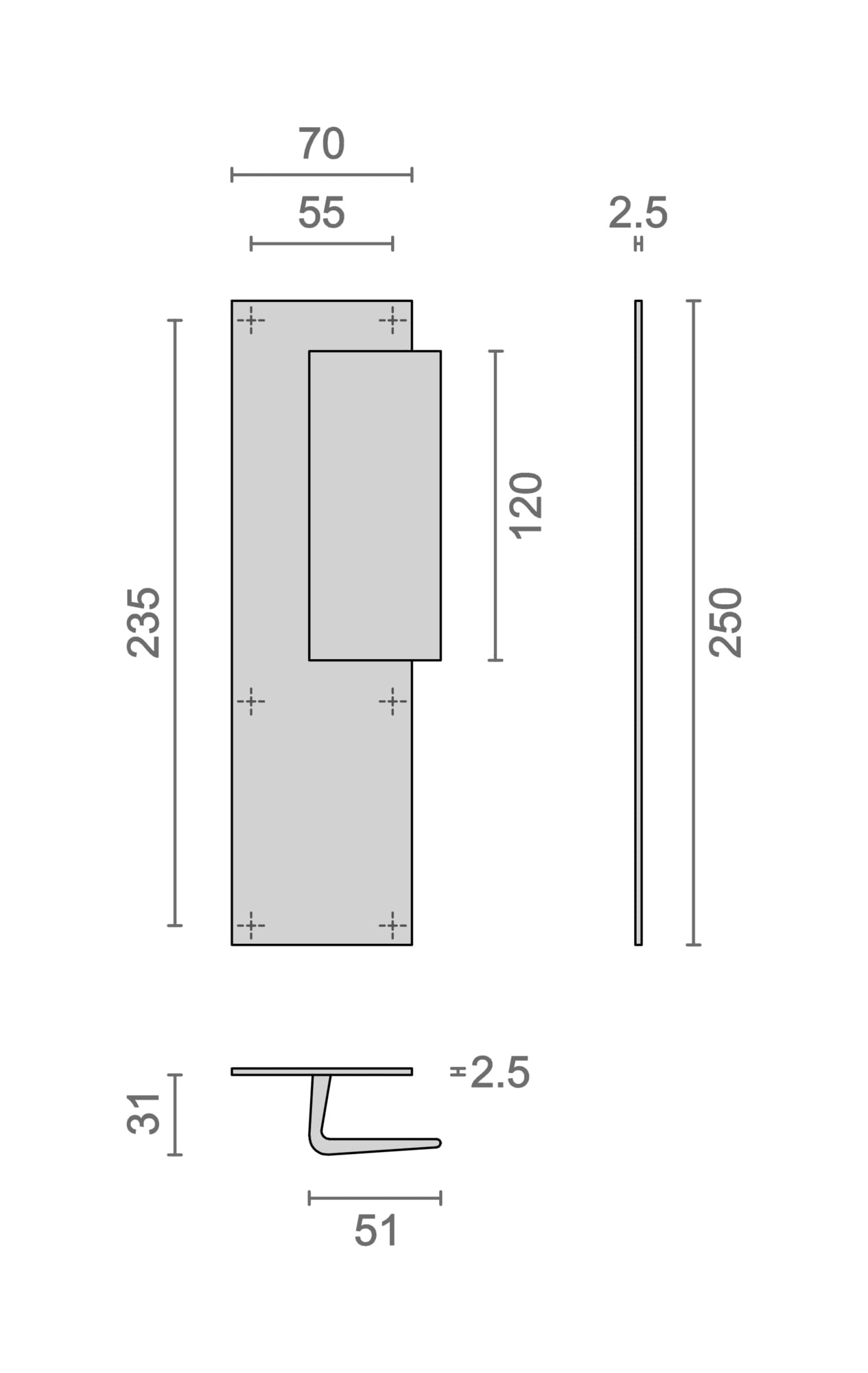 Poignée palière aluminium type Bastille 70x250mm argent bec de cane - HERACLES - I-231103