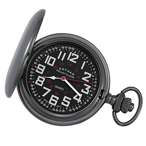Gotham Men’s Gunmetal Railroad Polished Finish Covered Quartz Pocket Watch # GWC15044BBK