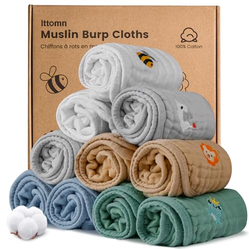 Image of lttomn Muslin Burp Cloths 10 Pack,100% Cotton Burp Cloths Baby Boy, Newborn Essential Must-Have Organic Burping Cloths, 6 Layers Cotton Soft Washcloths, Multi-Colors Face Towels 20"x11"Large (Boys)