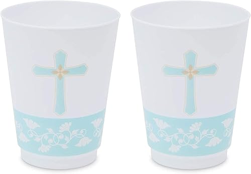 Miniatura 7 de Sparkle and Bash Vasos de papel de bautismo con cruz, 16 unidades, 16 onzas, azul y blanco, vasos de plástico y vasos reutilizables reciclables para