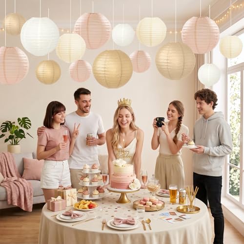 Image of KAXIXI 15-Pack Boho Paper Lanterns, Champagne Gold and Beige Hanging Decor