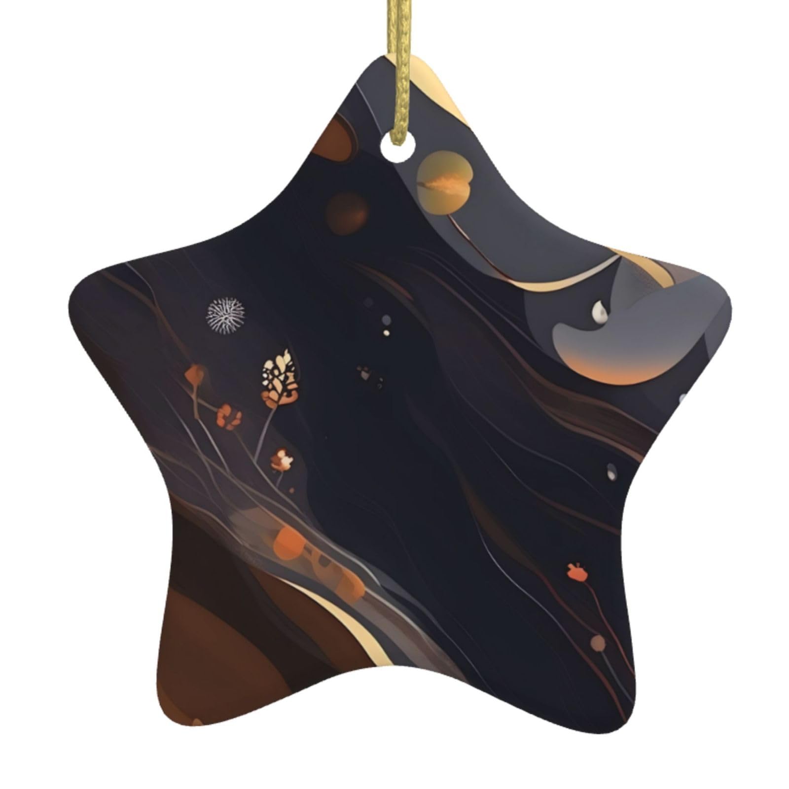 Dark Medium Christmas Ceramic Star Pendant with Punched Holes and Gold Wire Rope, Christmas Tree Home Decoration