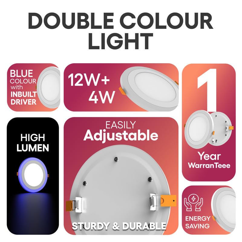 Image of elleys' Chroma 2 in 1 Double Colour Round LED Light | Concealed Light Featuring 3 Lighting Modes with 12W + 4W Power Output | Celling Light for Home & Office |Cut-Out: 180mm|Color-White & Blue Pack 8