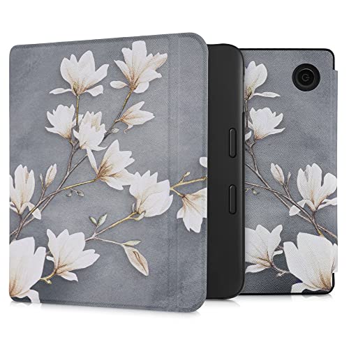 kwmobile Klapphülle kompatibel mit Tolino Vision 6 Hülle - eReader Case - Magnolien Taupe Weiß Blaugrau