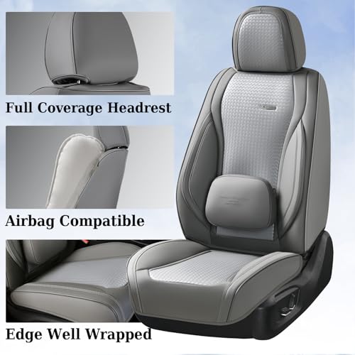 Image of Coverado Seat Covers, Car Seat Covers Front Seats, Waterproof Nappa Leather Auto Seat Cover with Lumbar Head Pillow, Gray Seat Covers Carseat Cover Universal Fit for Most Cars