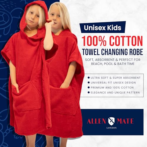 Image of ALLEN & MATE 100% Cotton Kids Hooded Surf Poncho Changing Robe, Quick Absorbent Wearable Swim Towel Boys & Girls, 6-13 Years