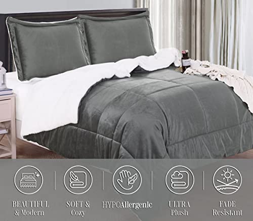 Elegant Comfort Super Soft Sherpa Comforter 3-Piece Set Premium Quality, Heavy Weight Reversible Down Alternative Micro-Suede, Sherpa Comforter, Cal King, Silver Gray #TOP3