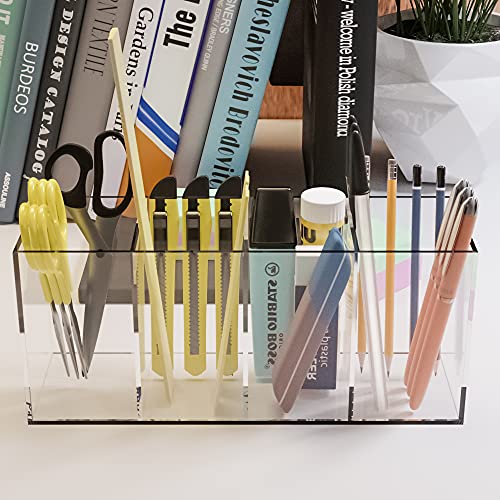 Helplex Acrylic Pen Holder, 4 Compartments, Pencil Holder For Desk, Acrylic Desk Organizer,Stationery Storage Box, Cosmetic Brush Storage Box, Vanity Storage Box, (Clear) #TOP3