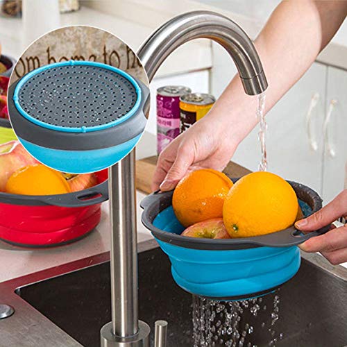 Collapsible Colanders with Handles (2 Pc. Set) Round Kitchen Sink Strainers | Heat-Resistant Silicone | Stackable, Space-Saving Design | Pasta, Vegetables, Hot Water (Blue)