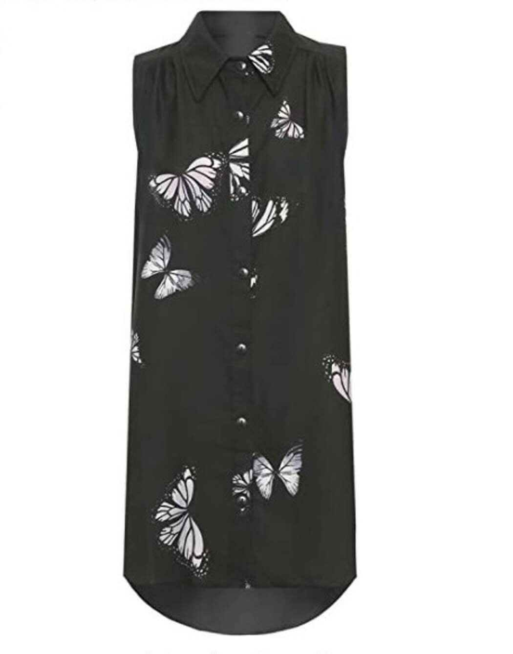 Gostyles Women's Black Gostyles® Butterfly Print Chiffon Hi Lo Dip Hem Sleeveless Blouse, Summer Fashion Button Down Collared Shirt Top (, 18)