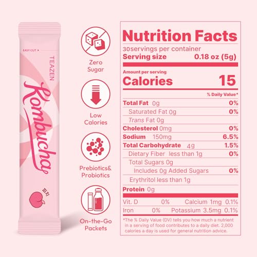 Image of TEAZEN Peach Kombucha Tea, Hydration Drink Mix, Sugar Free, Live Probiotics & Prebiotics, 30 Sticks, 5.29oz