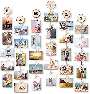 Uping Hanging Photo Display Picture Photo Frame DIY Picture Frames Collage Set Collage Photo Frames with 6 Lines and 30 Wooden Clips (2 Sheets Alphabet & Number Stickers)