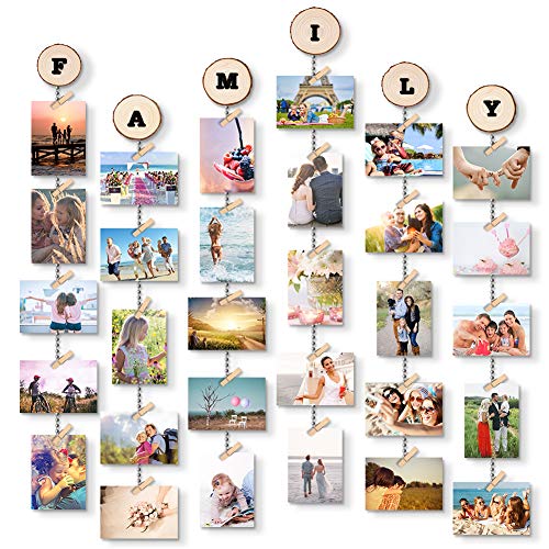 Uping Cadre Photo Pêle Mêle Cadre Photo Mural Porte Photos Pinces Tranches de Bois Naturel, Décoration Maison Cadeau Bricolage