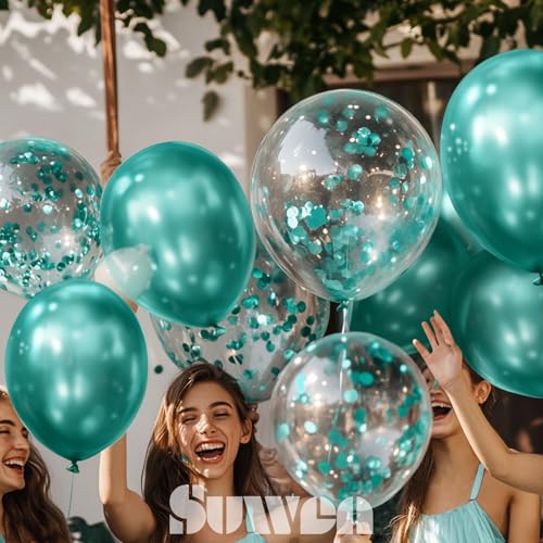 Image of SUWEN Metallic Green and Confetti Balloons Set 47PCS Latex Metallic Teal | Helium Balloon for Birthday Anniversary Party Decorations