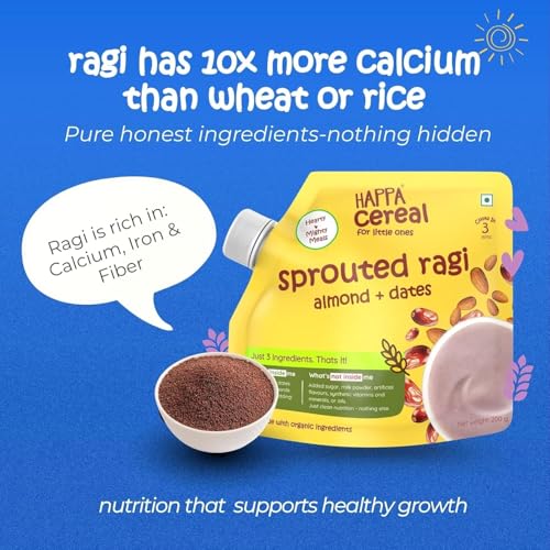 Image of Happa Ragi Almonds Dates Organic Cereal for Babies | Only 3 Ingredients | No Sugar, Oil, Milk Powder, Flavours or Colours | Traditional Porridge Recipe | Cooks in 3 Minutes | Stage 2 (6 Months+) | 200g Pack