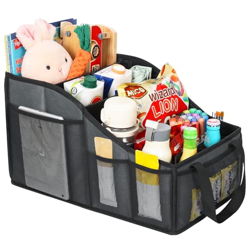YOHOOLYO Auto Organizer Kinder Rücksitz mit 4 Fächern und 4 Getränkehalter zusammenklappbar Rückbank Beifahrersitz für Spielzeug Bücher Snacks Grau