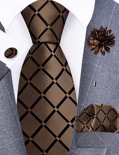 Image of GUSLESON 3.15 inch(8cm) Mens Tie and Lapel Pin Plaid Checkered Necktie Hankerchief Cufflinks Set for Men