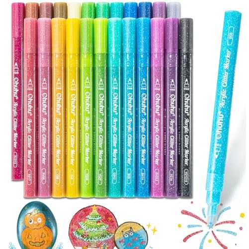 Ohuhu Acrylic Glitter Markers, 24 Metallic Glitter Colors, Fine Tip Paint Pens for Fine Details & Shimmer Accents, Water-Based & Quick Dry, for DIY Crafts, Cards, Journals, Wood & Rock Paint