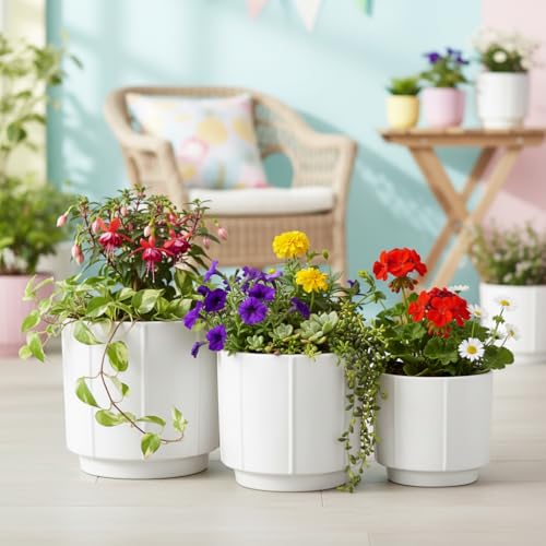Image of Xtore Studio Ceramic Ribbed Planter Set | Vertical Groove Plant Pots for Home & Office Decor - (Set of 3, White, Planter ONLY)