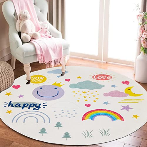 Ustide Ultra Soft Cartoon Round Kids Rug 4Ft, Rainbow Cloud Kids Area Rug Washable And Foldable Non Skid Bedroom Rug For Girls #TOP1