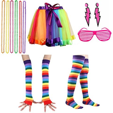 ECOSCO Women's 80s Costume Accessories Set Adult Tutu Skirt Neon Fishnet Gloves Leg Warmer Earrings Beads Long Necklaces (Multicolor-2) Cover