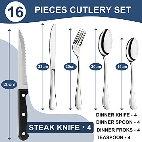 Joyfair 16 Piece Cutlery Sets + 4 Piece Steak Knives, Stainless Steel 20 Piece Silverware Flatware Set with Fork Knife Spoon, Service for 4,Home/Camping/Party, Mirror Finished & Dishwasher Safe - Image 3
