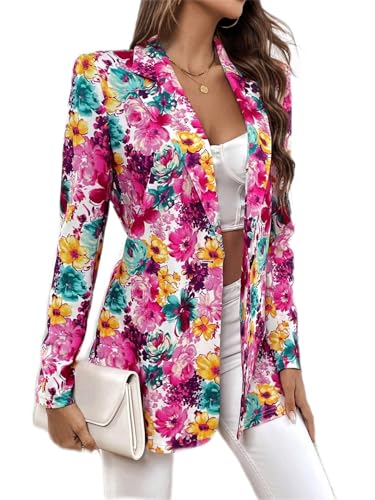 Women's Jackets Fashion Women's Floral Print Single Button Blazer | Casual Lapel Long Sleeve Jacket Jackets & Coats (Color : Multicolor, Size : X-Large)