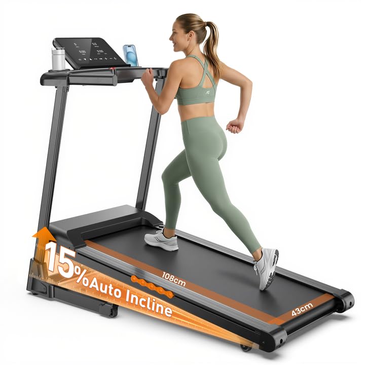 Laufband für Zuhause Klappbar mit 15% automatischer Steigung, leiser 3.0 PS Motor (bis 14 km/h), LED-Display, 12 Programme, bis 136 kg belastbar – platzsparend für Home & Büro