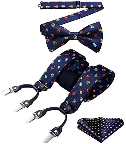 HISDERN Mens Braces Bowtie Set Christmas Festival Suspenders Pocket Square Adjustable Y Shape with Strong Clips Fun Santa Pattern Braces for Men