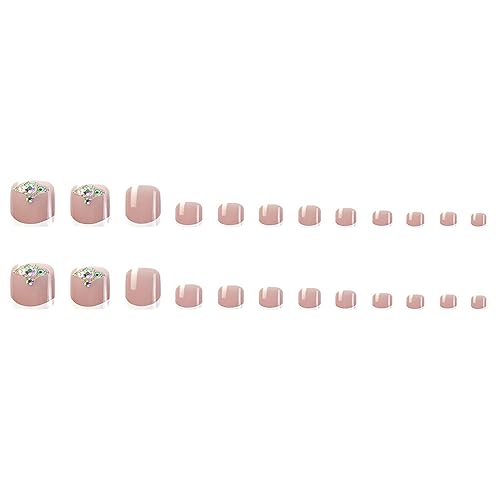 Miniatura 5 de Uñas postizas cuadradas a presión, uñas cortas MABKJLF blancas francesas de los pies, uñas postizas de verano brillantes con diamantes de imitación