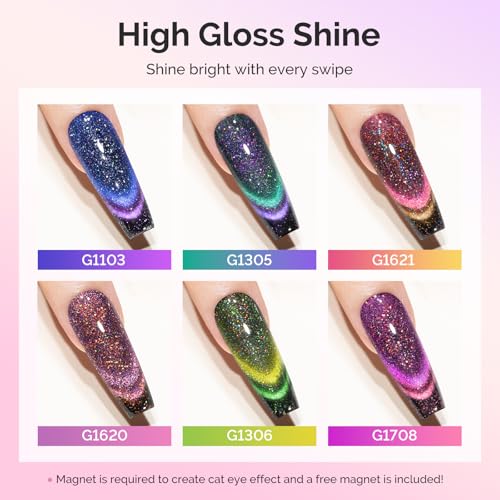 Image of MelodySusie Chameleon Cat Eye Gel Nail Polish Set 6 PCS, 15ml 0.5 Fl Oz Nude Pink Silver Glitter Holographic Magnetic Nail Polish with Magnet, UV Nail Polish for Nail Art Manicure Salon DIY at Home