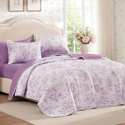 Image of Andency Quilt Twin Size, Purple Flower Bedspread Twin Size, 3 Pieces Soft Bedding Set for Women Teen Girls, Lightweight Coverlet Set for All Season with 2 Pillowcases (68 inchx86 inch)