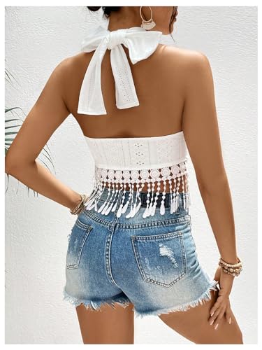 SHENHE Women's Sexy Criss Cross Wrap Halter Neck Tassel Trim Eyelet Fringe Boho Crop Tops2