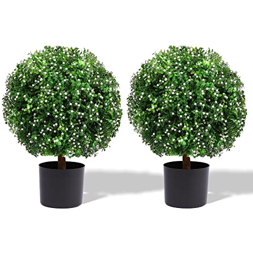 Tolead Artificial Boxwood Topiary Ball Tree, Set Of 2 Uv Resistant Faux Potted Bushes With White Flowers, Outdoor Indoor Artificial Plastic Plants For Front Porch Enterway Walkway, 20'' Tall #TOP20