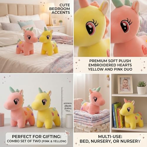 Image of HUG 'n' FEEL SOFT TOYS Pink & Yellow Unicorn Plush Soft Toy Pack of 2, 25 CM for Kids Girls Boys, Cute Stuffed Unicorn Teddy Combo, Birthday Gift & Room Decor