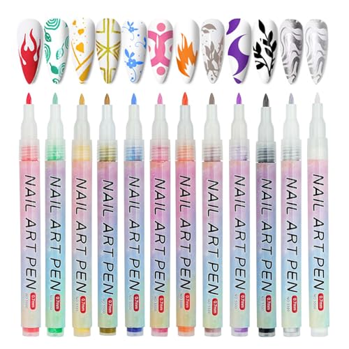 LOPHE Bolígrafo de Uñas, 12Pcs Rotuladores de Grafiti para Decoración de Uñas, 0,7 mm Rotuladores de Pintura Acrílica para Decoración de Uñas, Kit de Decoración de Uñas para el Hogar y Salón, A