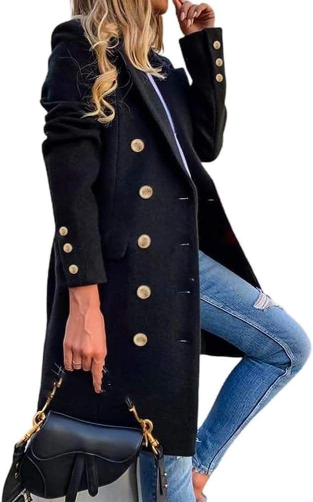 Mywinway Wool Coats for Women Fall Winter Double Breasted Peacoat Long Jackets Midi Trendy Work Office Trench Coat