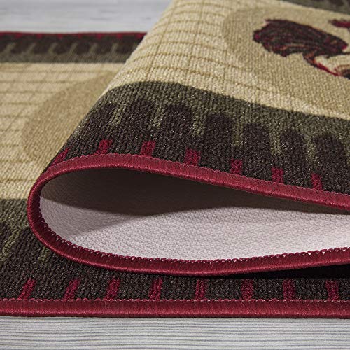 Machine Washable Rooster Design Non-Slip Rubberback 2X5 Kitchen Runner Rug For Kitchen, Hallway, Bar, 20" X 59", Beige/Red #TOP2