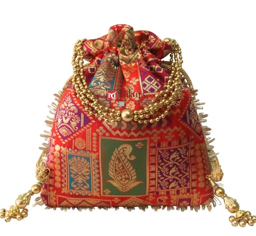 Image of MILAN'S CREATION Potli Banarasi Silk Brocade Bag Purse Drawstring Women's handbag with Pearl Handle & Tassel Weddings