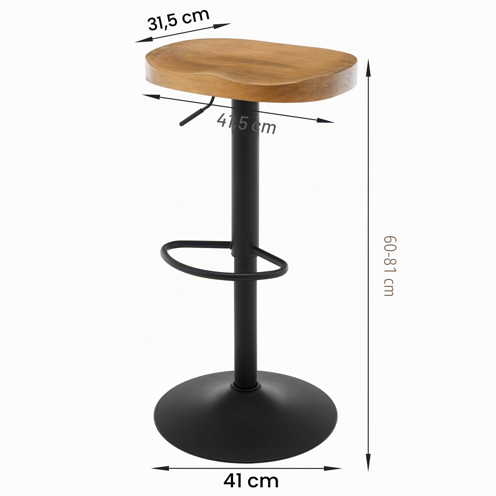 WOLTU Tabouret Bar, Chaise de Bar, en Bois, Cadre en Métal, Réglable en Hauteur, Pivotant à 360°, avec Repose-Pieds, Industriel, Chêne foncé, BH413dc-1