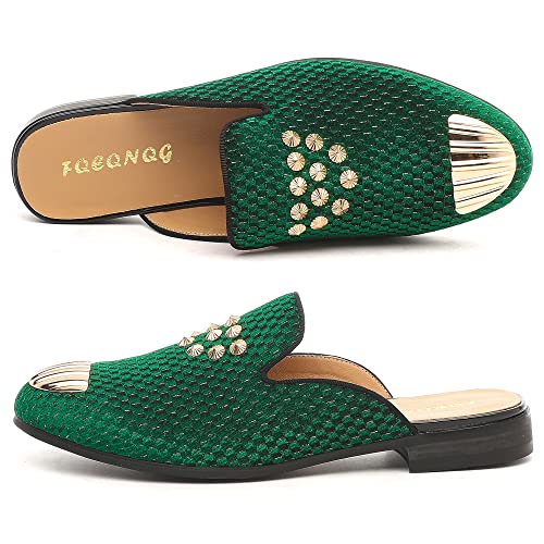 Men's Velvet Slip-On Mule Loafer With Fashion Buckle Toe, Mushroom Shape Metal Spikes, Stylish Formal Wear Backless Dress Slippers, Casual Breathable Openback Sandals Slides For Men (Green) #TOP1