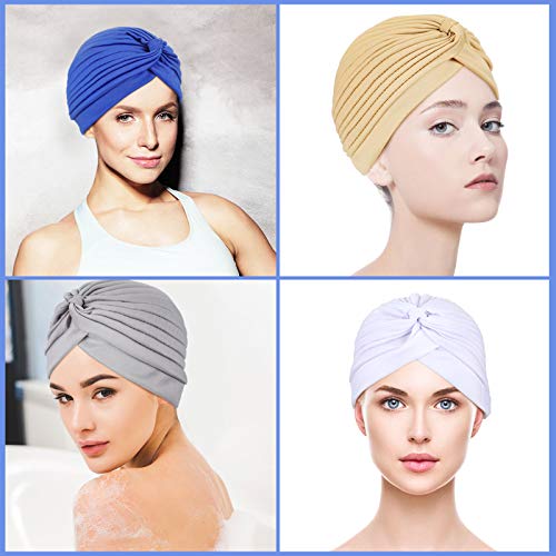 JaGely Turbans for Women Stretch Slouchy Head Beanie Cover Pre-Tied Knot Twisted Pleated Headwrap, Assorted Colors (Khaki, Black, White, Dark Blue, Light Gray, Navy)