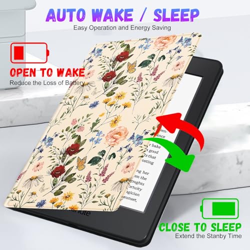 Pegmode for Kindle Paperwhite 11th Generation Case 6.8 Inch 2021 / Paperwhite Signature Edition Cute Women Girls Teens Unique Flower Floral Folio Fabric Paper White Cover with Auto Sleep/Wake E-Reader - Image 4