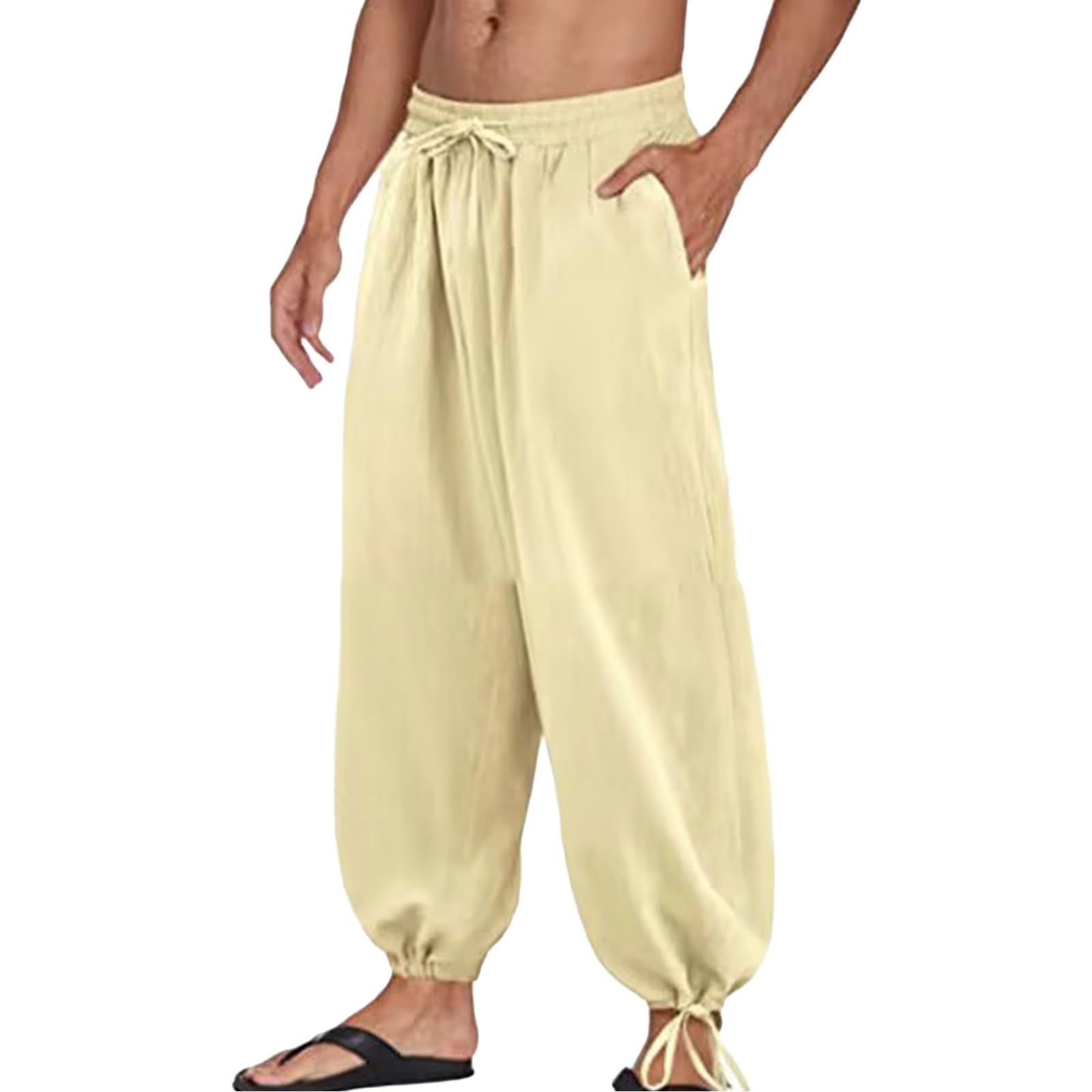 Heren Katoen Linnen Palazzo Broek Harembroek Elastische Taille Trekkoord Yoga Strand Lange Broek Lichtgewicht Losse Broek Manchetten Enkel Casual Hippie Baggy Joggingbroek Werkbroek, Zwart, XL