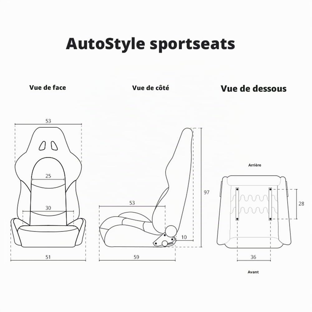 AutoStyle Siège baquet 'GT' - Simili Cuir Noir + Tissu en motif à carreaux Bleu + Surpiqûres Bleu - Dossier réglable - incl. glissières