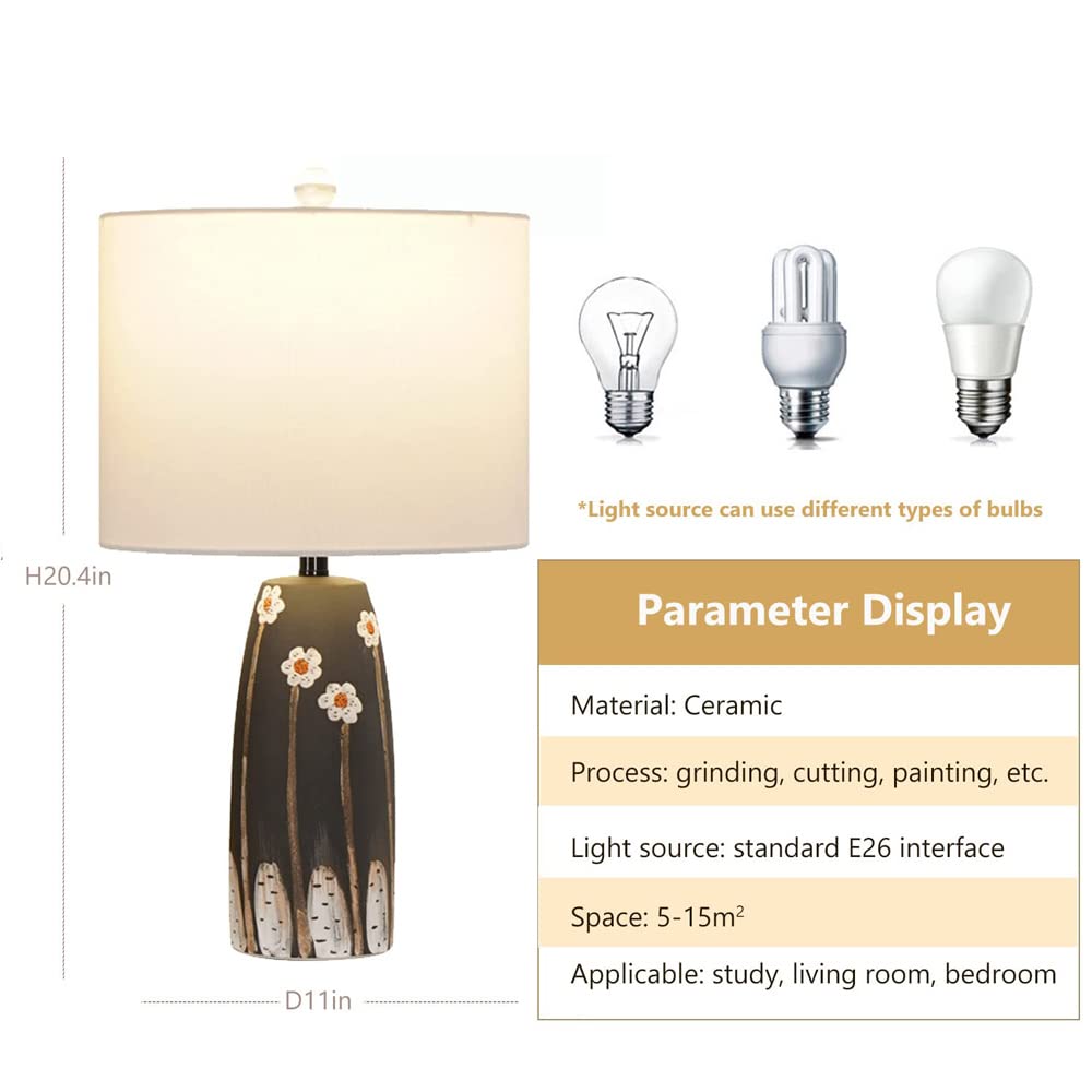 Prosta dekoracyjna domowa ceramiczna lampa stołowa z malowaną śliwką, szara lampa nocna z kloszem w kształcie bębna z tkaniny 20,4-calowa lampa stołowa na biurko
