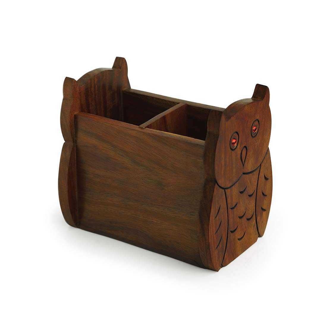 ExclusiveLane 'The Delightful Owls' Cutlery Cum Stationery Holder In Sheesham Wood - Cutlery Stand for Kitchen Dining Table Wooden Cutlery Spoon Stand Napkin Tissue Holder Kitchen Organiser Tableware