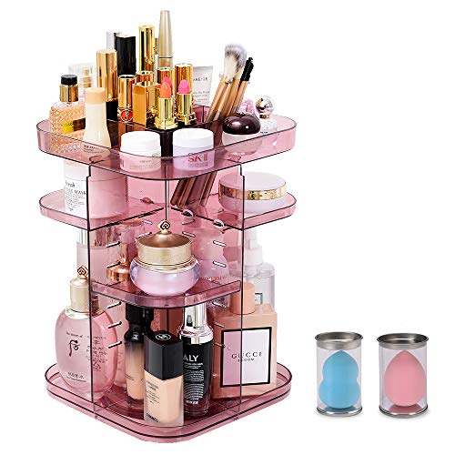 SERISSA Makeup Organizer, 360° Rotating Makeup Organizer,Storage Box for Countertop, Bedroom, Bathroom, Pink